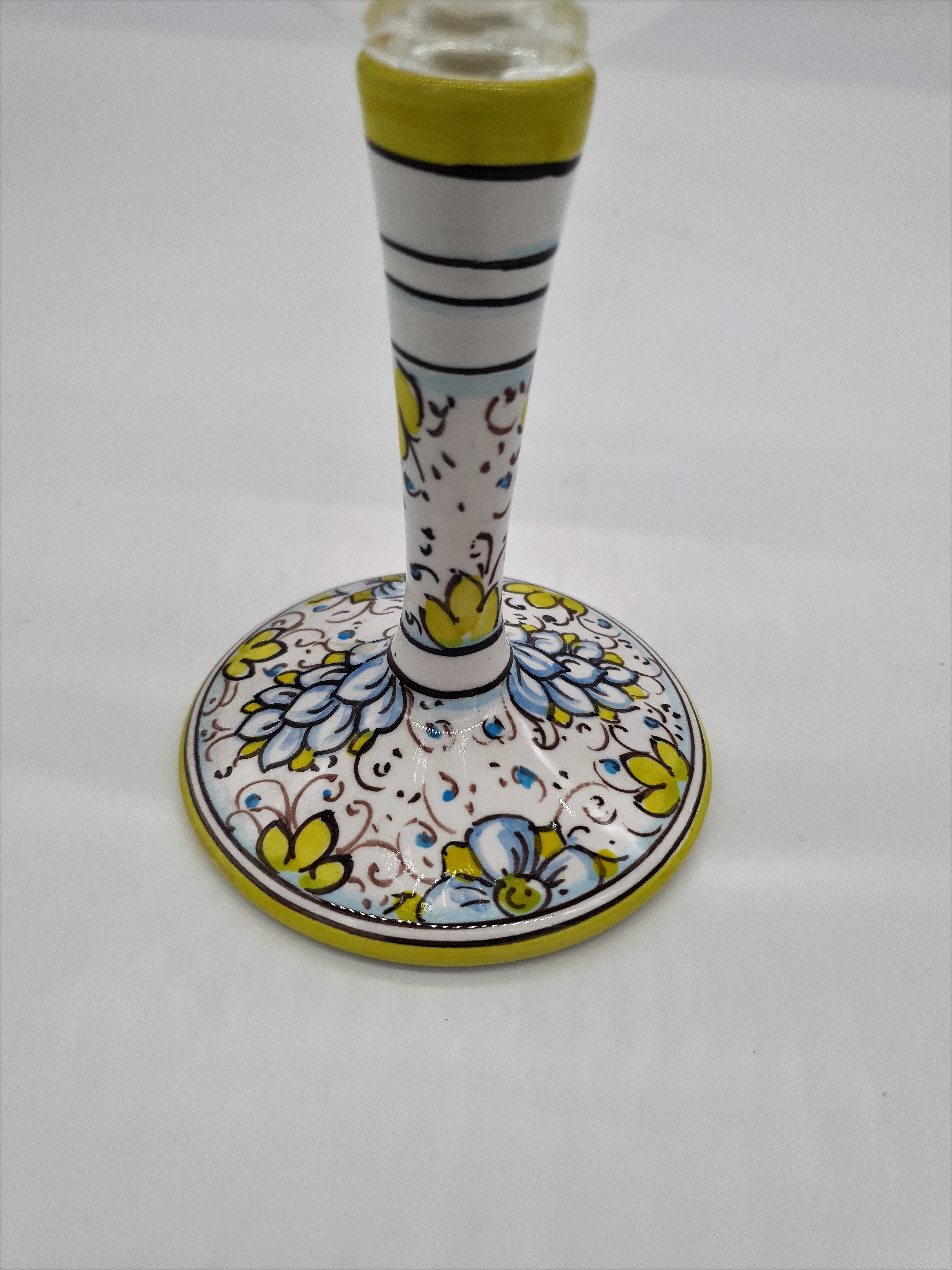 Wine Glass Ceramic and Glass Blue Flowers Green Edge