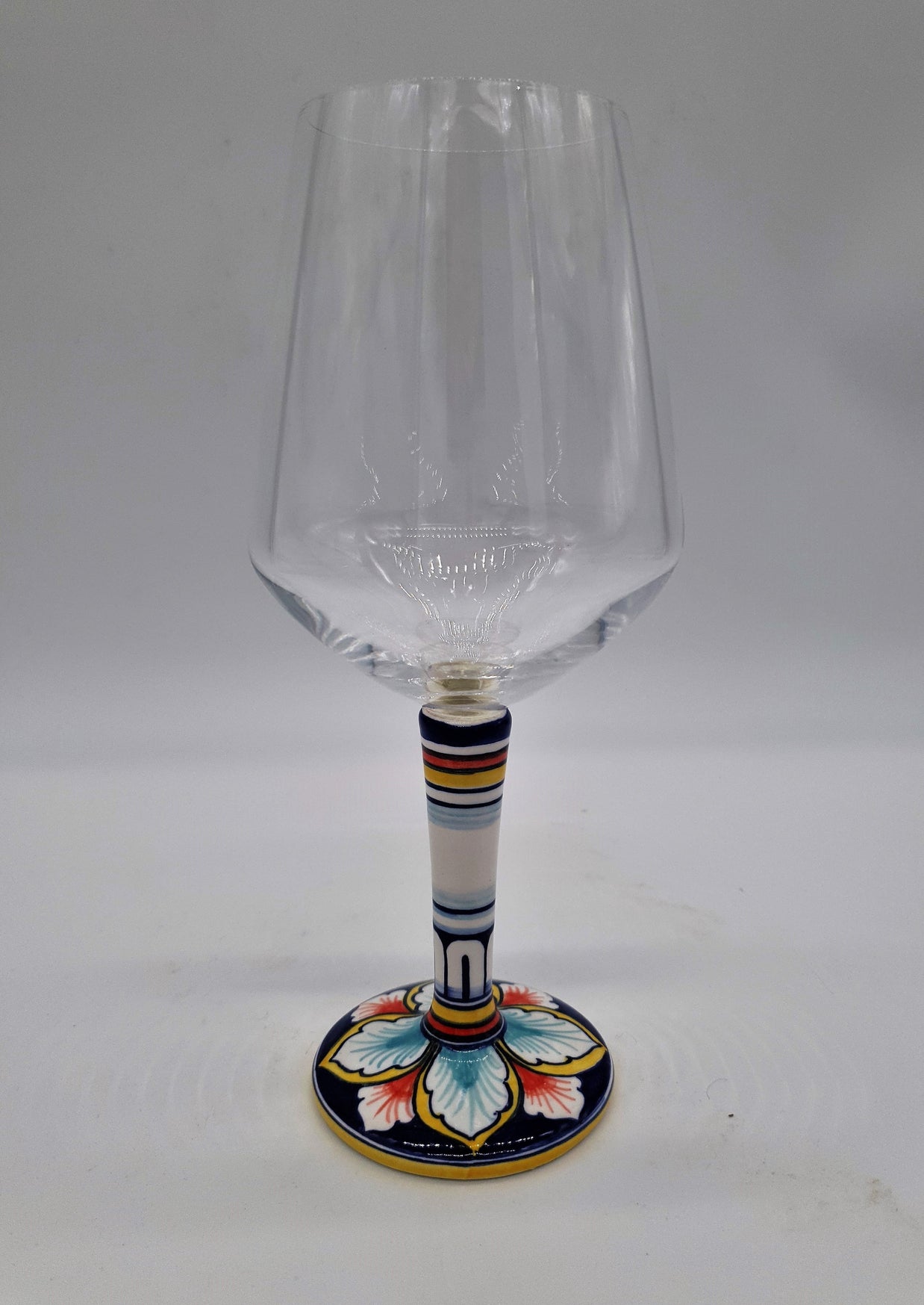 Wine Glass Ceramic and Glass Blue and Red Leaves
