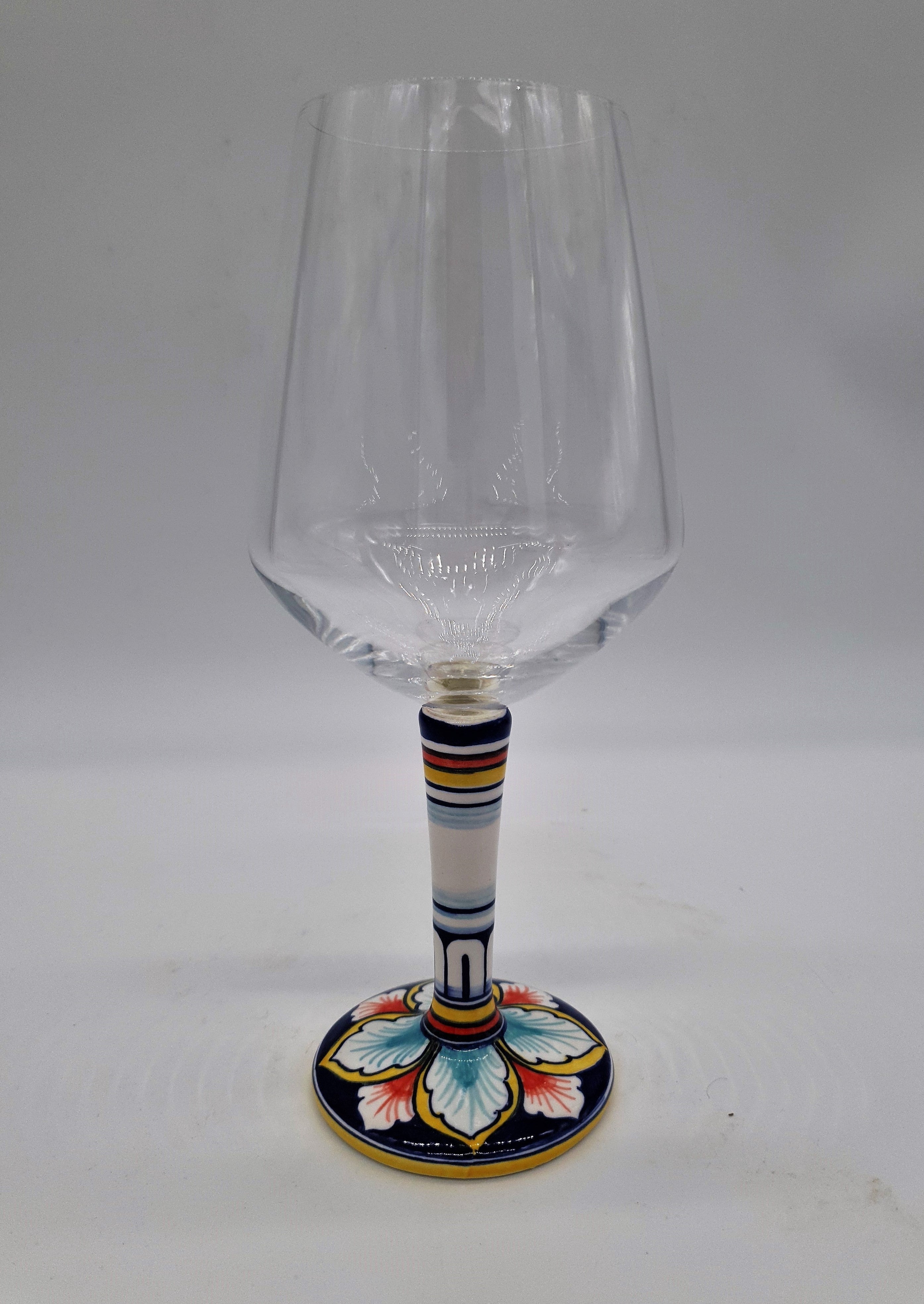 Wine Glass Ceramic and Glass Blue and Red Leaves