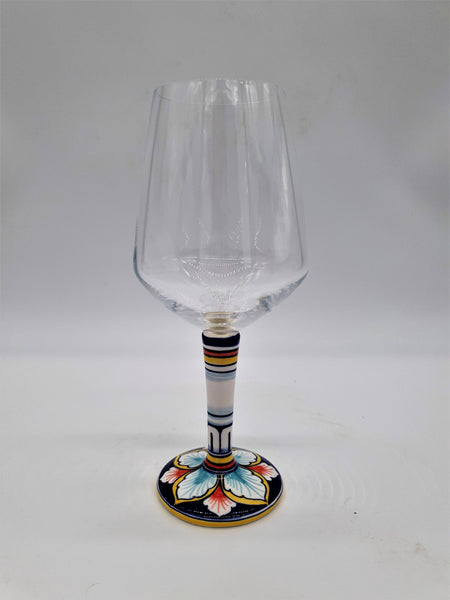 Wine Glass Ceramic and Glass Blue and Red Leaves
