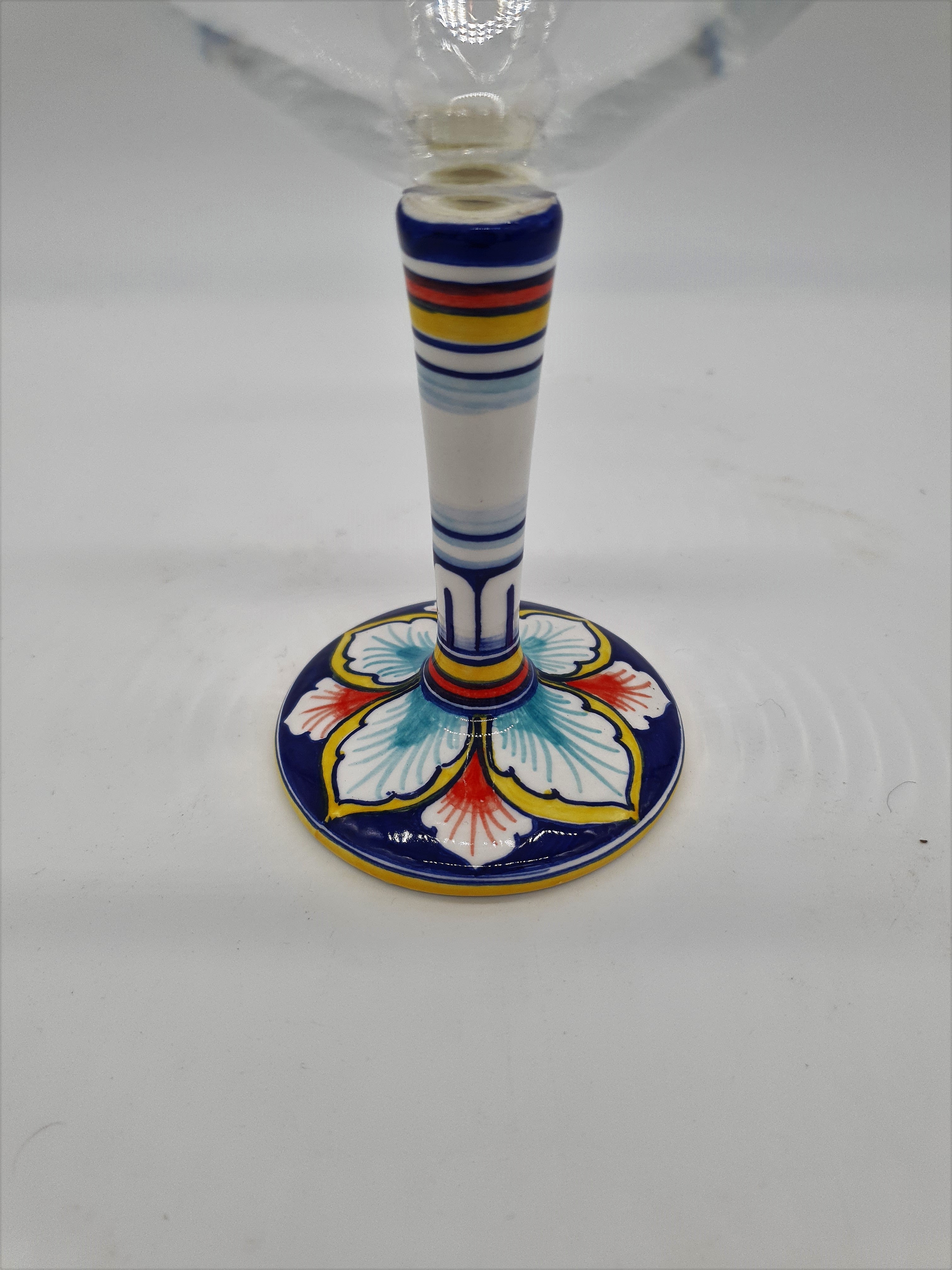 Wine Glass Ceramic and Glass Blue and Red Leaves