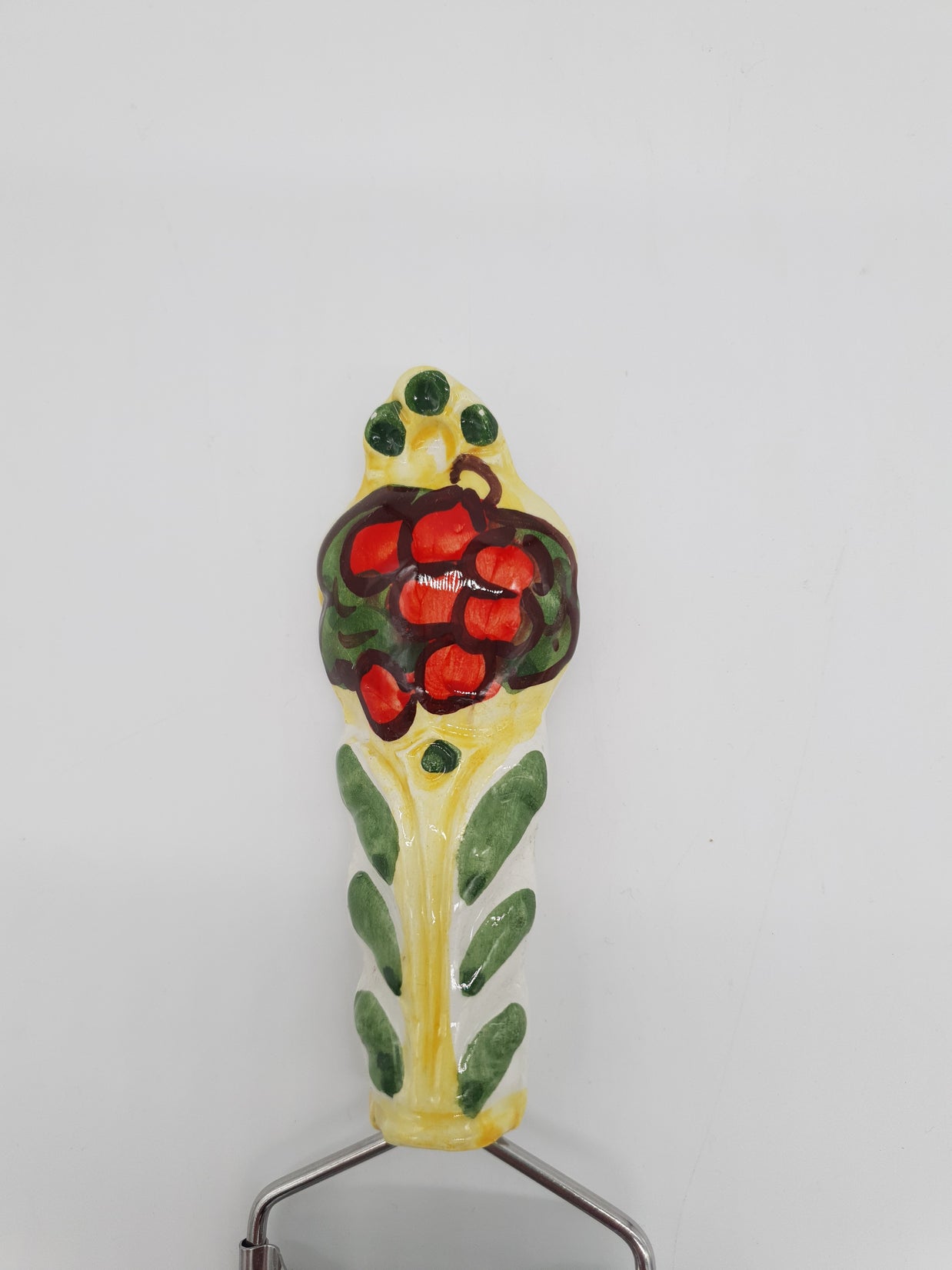 Grattugia Formaggio Decoro Uva Rossa Fondo Giallo Acciaio e Ceramica