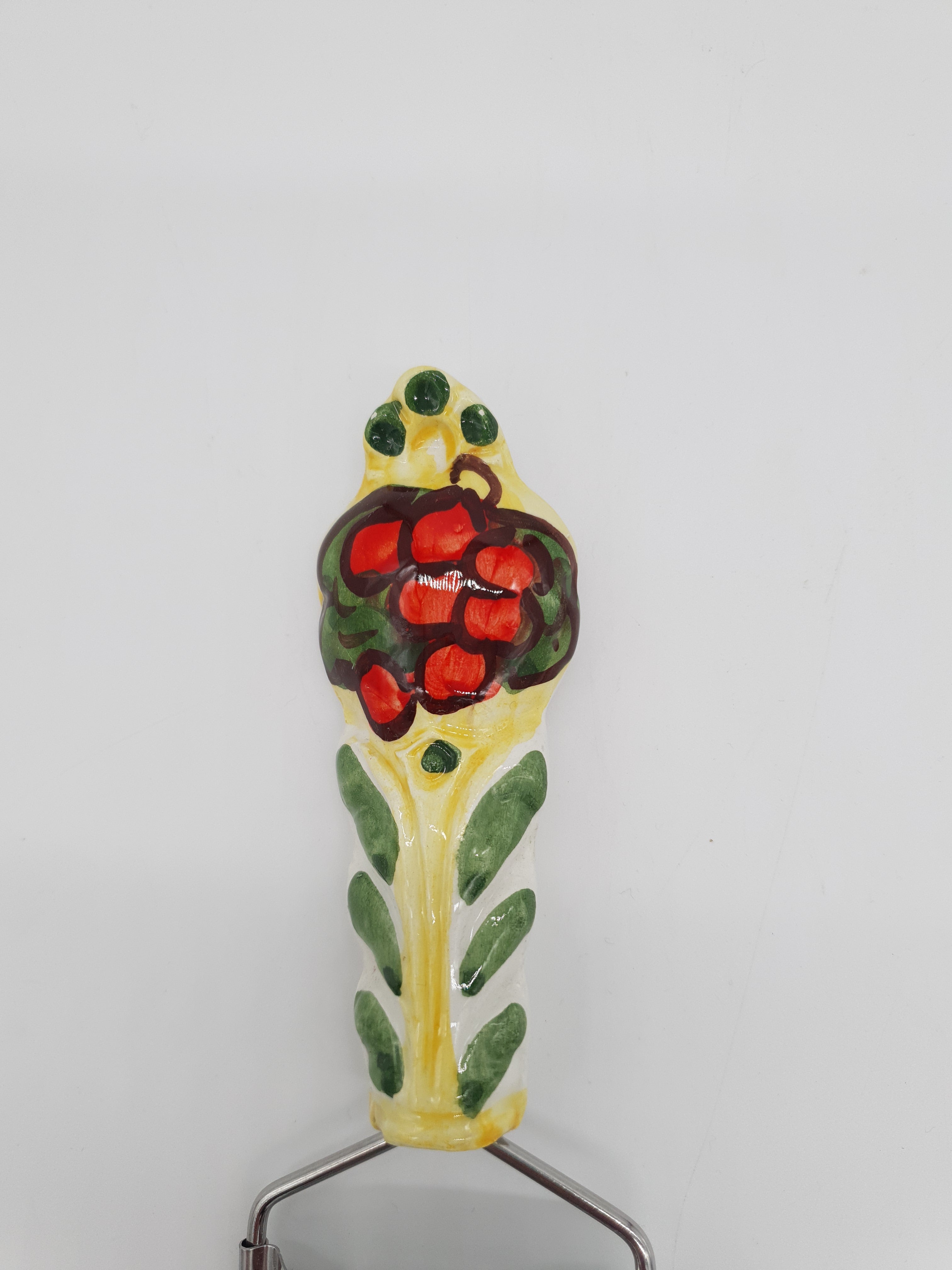 Grattugia Formaggio Decoro Uva Rossa Fondo Giallo Acciaio e Ceramica
