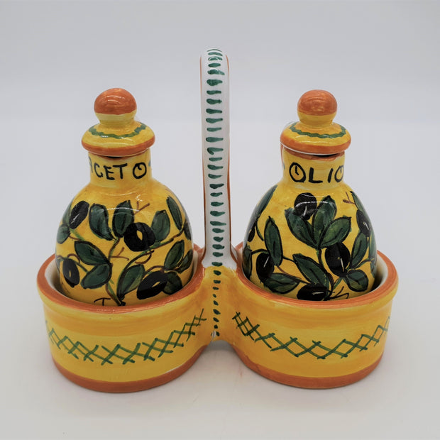 Set Oil Vinegar Olive Decoration Yellow Background