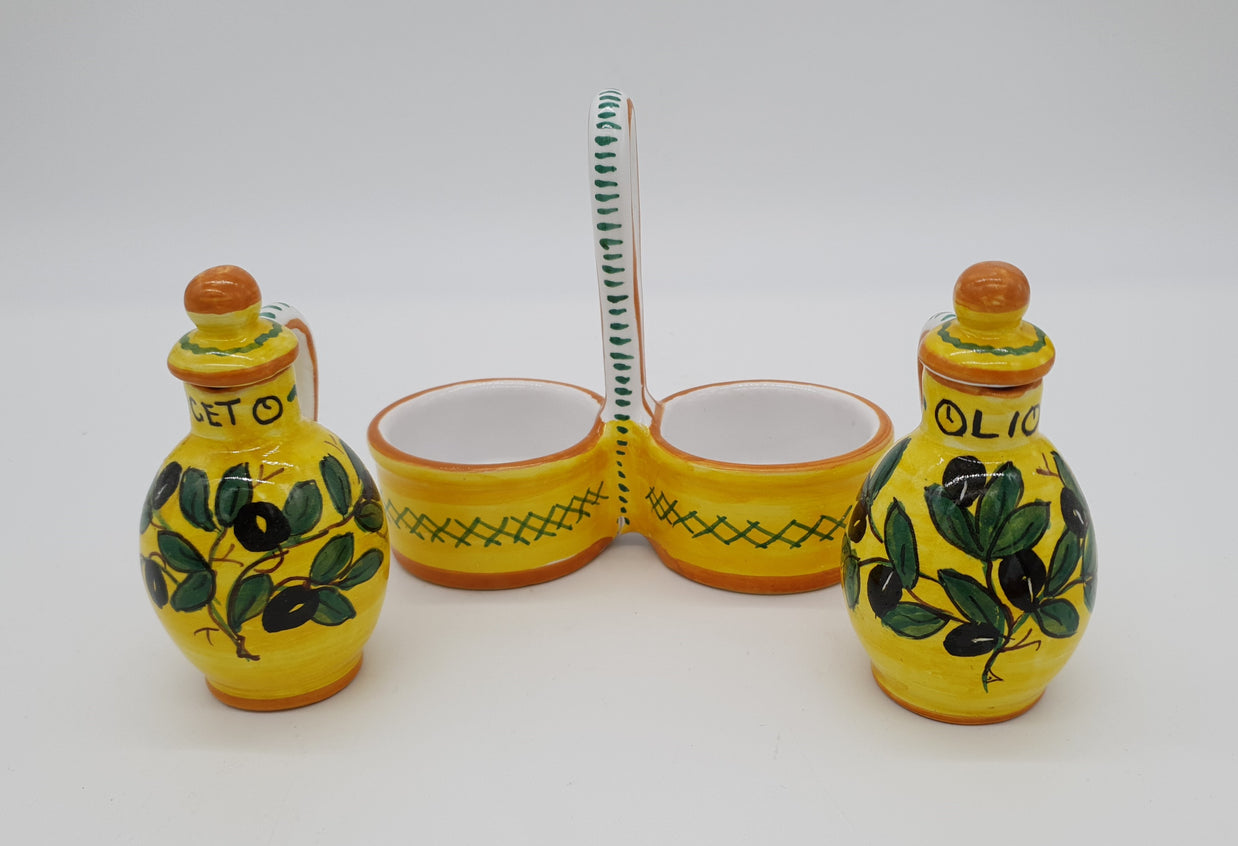 Set Olio Aceto Decoro Olive Fondo Giallo
