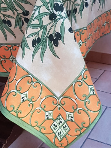 Provencal Olive Tablecloth Orange and Ivory Background
