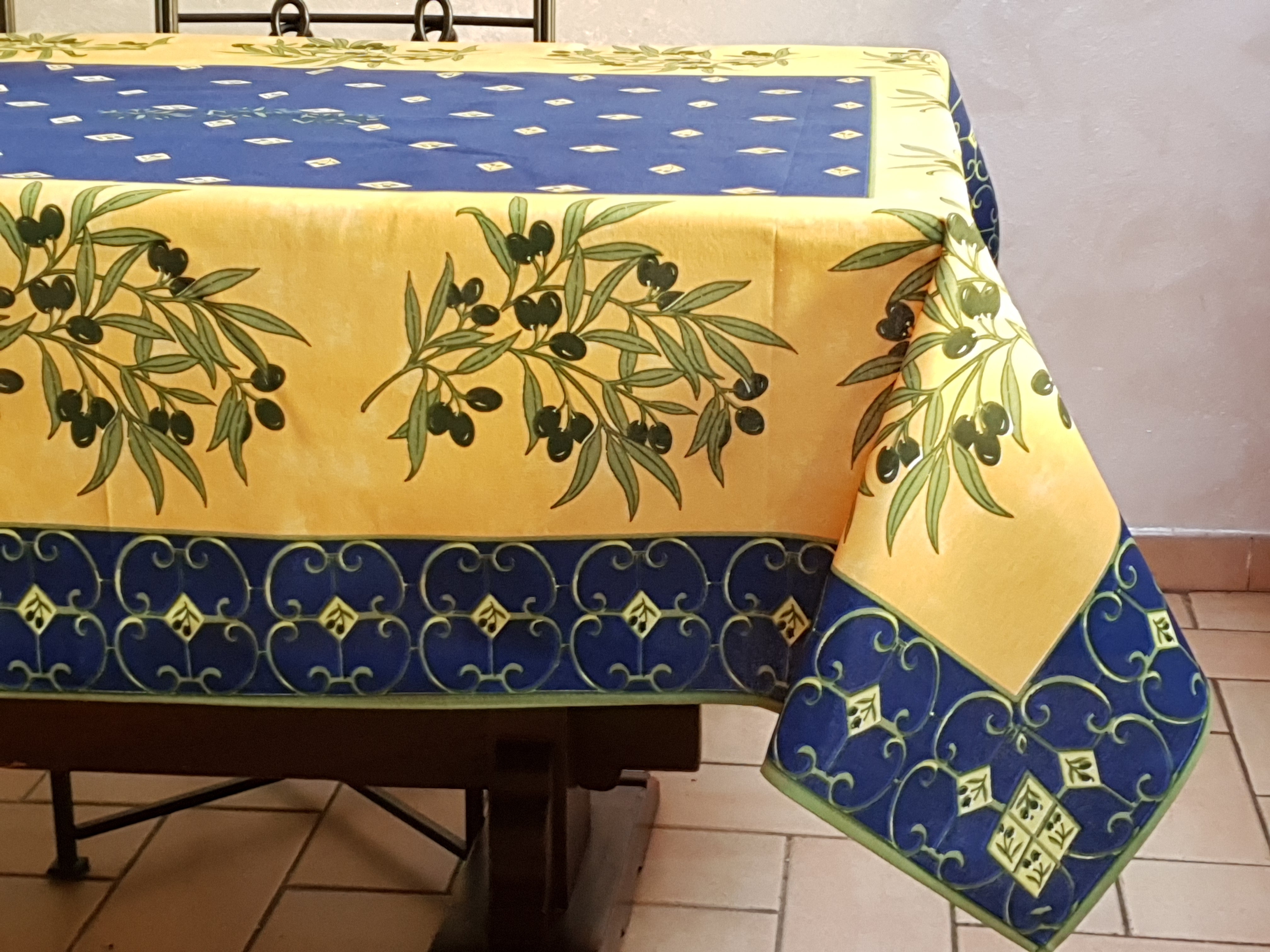 Provencal Olive Tablecloth Blue and Yellow Background