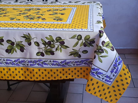 Provencal Olive Tablecloth Yellow and Ivory Background