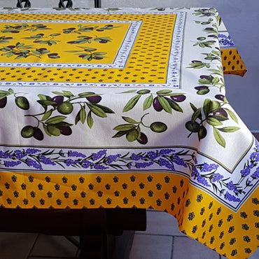 Provencal Olive Tablecloth Yellow and Ivory Background