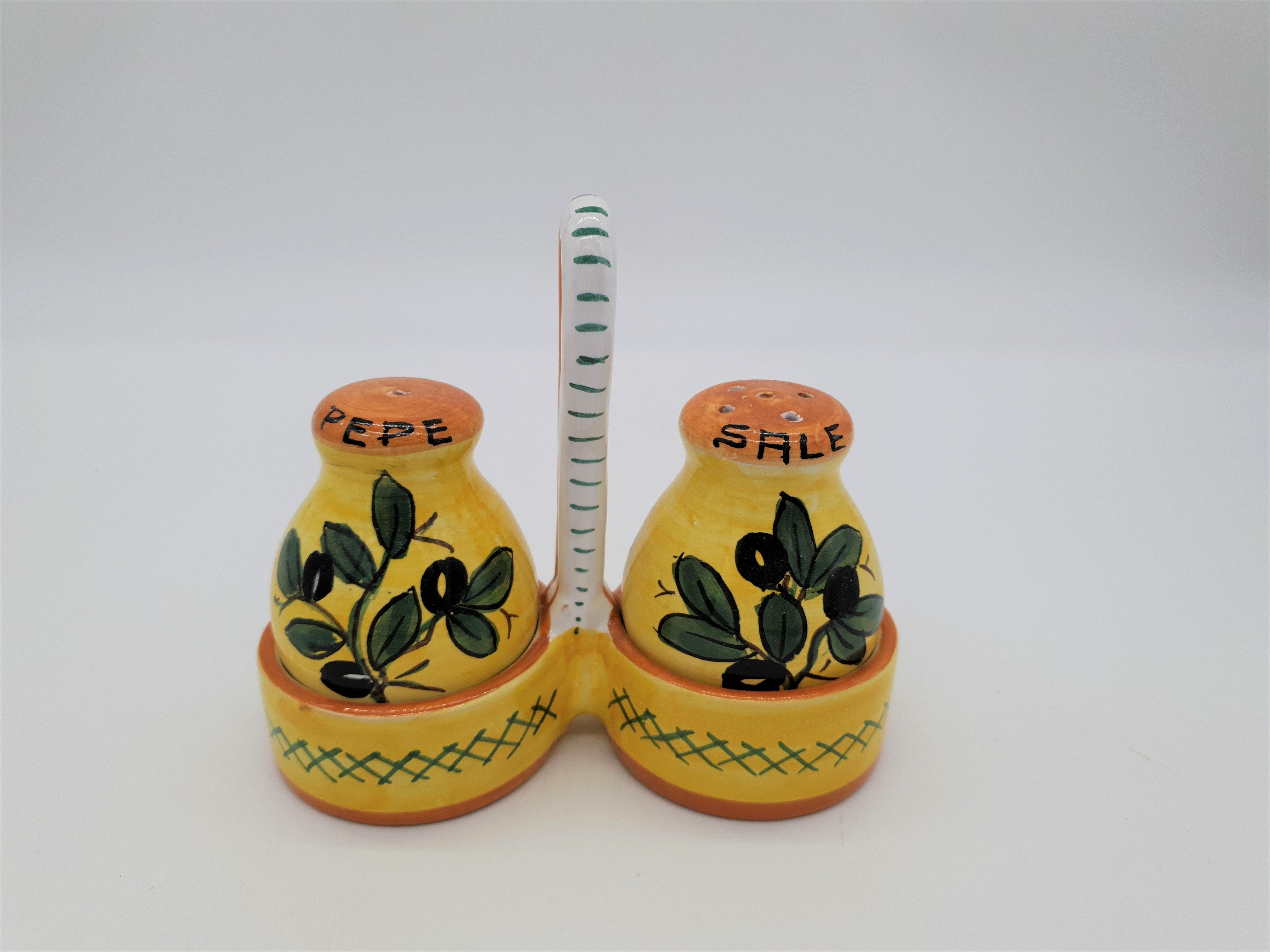 Salt and Pepper Set with Olive Decoration Yellow Background