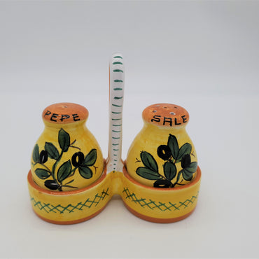 Salt and Pepper Set with Olive Decoration Yellow Background