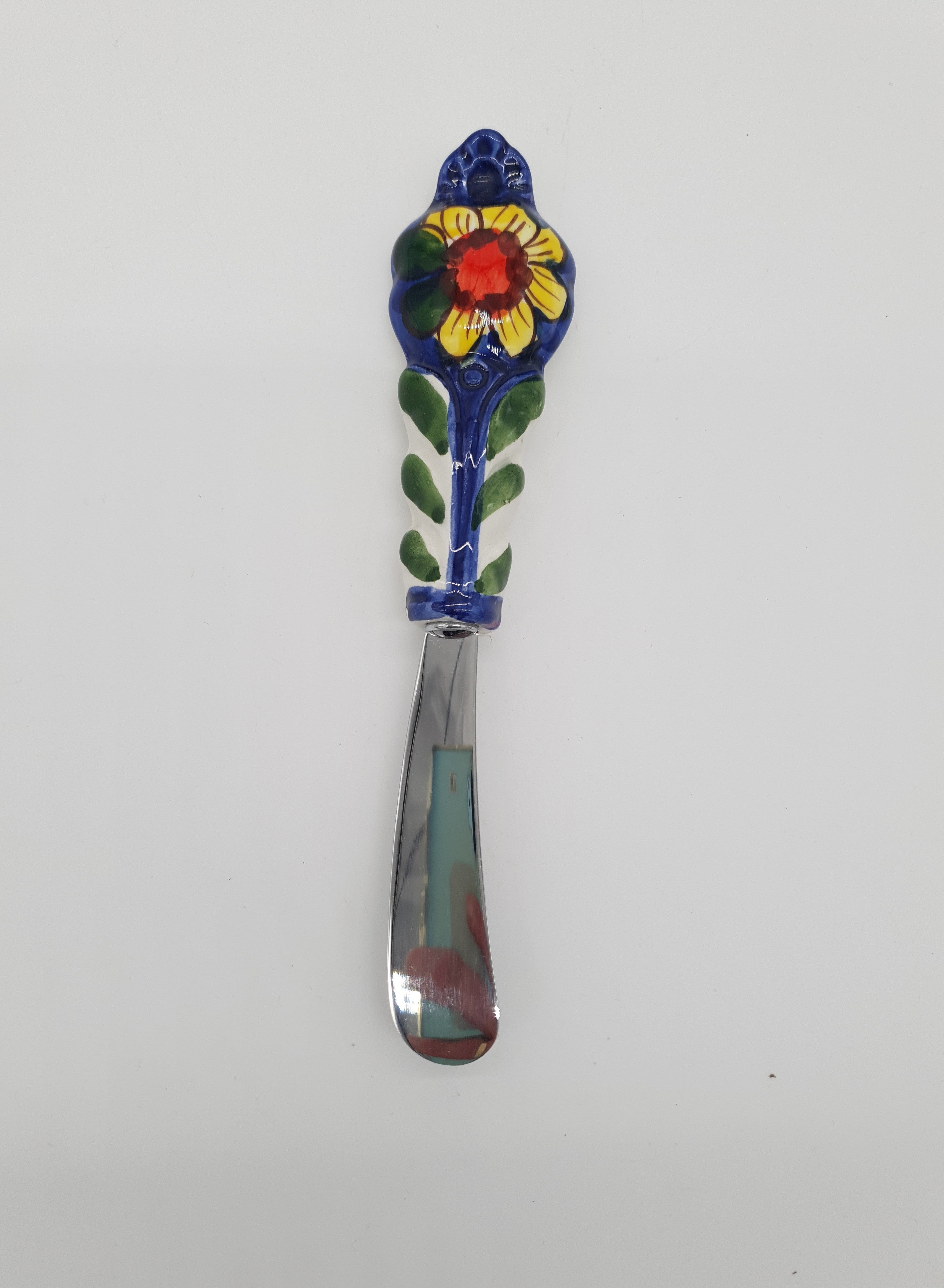 Coltello Spalma Burro Decoro Girasole Fondo Blu Acciaio e Ceramica