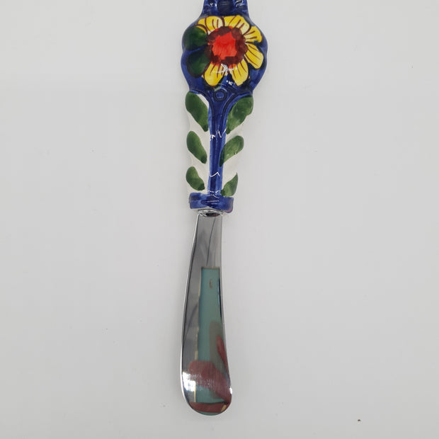 Coltello Spalma Burro Decoro Girasole Fondo Blu Acciaio e Ceramica