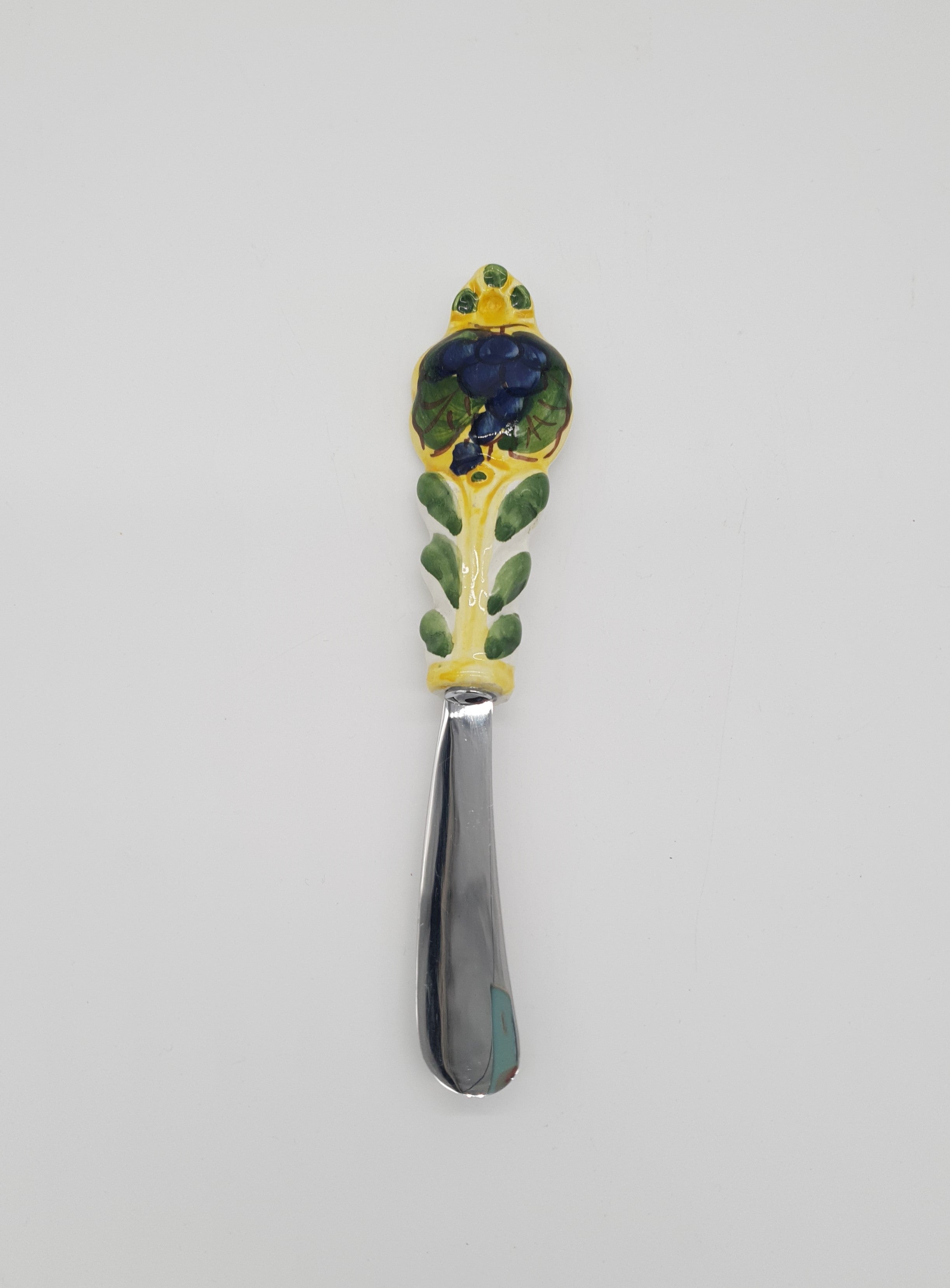 Coltello Spalma Burro Decoro Uva Blu Fondo Giallo Acciaio e Ceramica