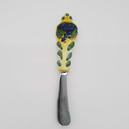 Coltello Spalma Burro Decoro Uva Blu Fondo Giallo Acciaio e Ceramica