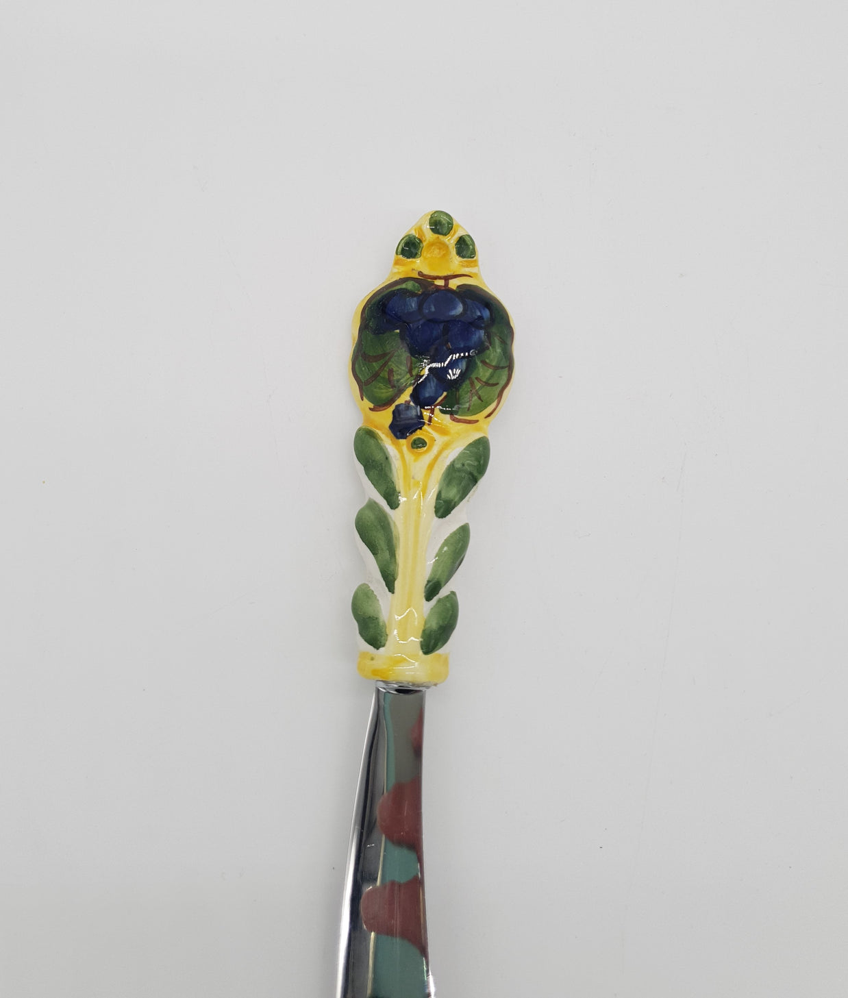 Coltello Spalma Burro Decoro Uva Blu Fondo Giallo Acciaio e Ceramica