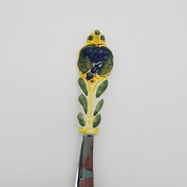 Coltello Spalma Burro Decoro Uva Blu Fondo Giallo Acciaio e Ceramica
